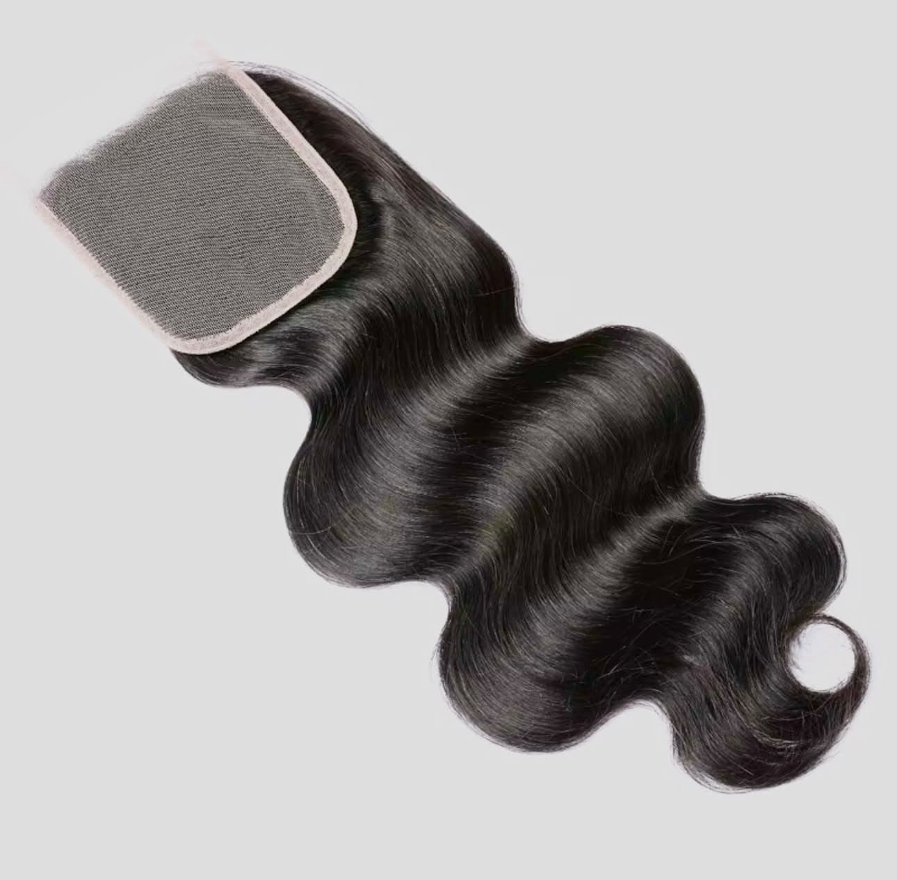 Body wave lace closure showing the lace base and curl pattern