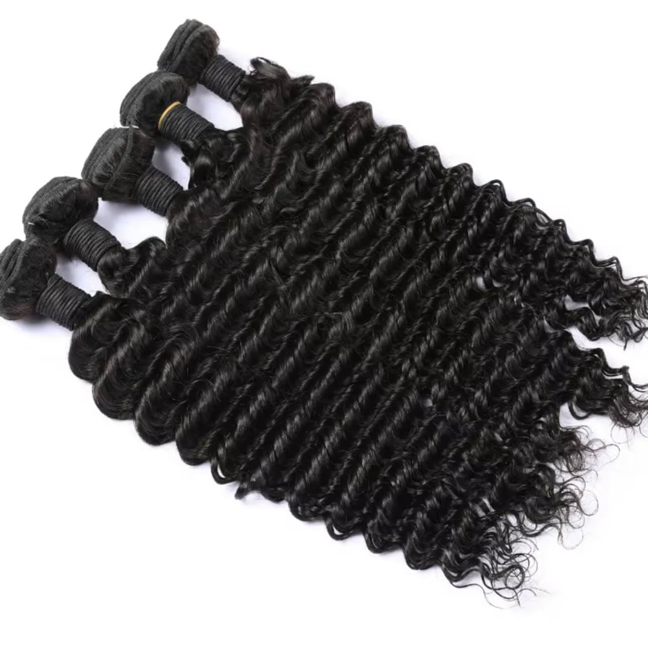 Deep wave hair bundles arranged on a clean white background