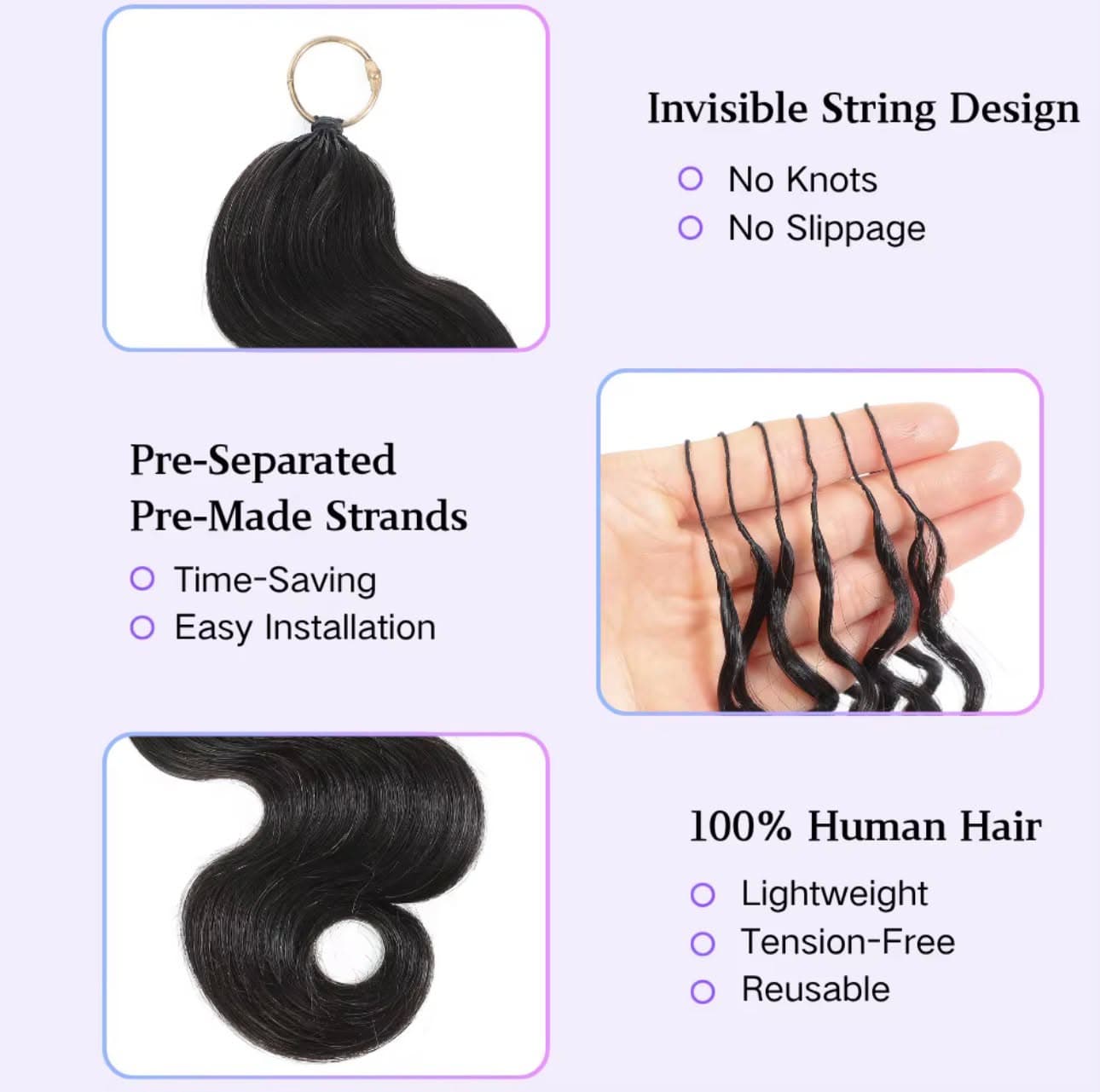 Feather crochet construction and pre-separated strand details