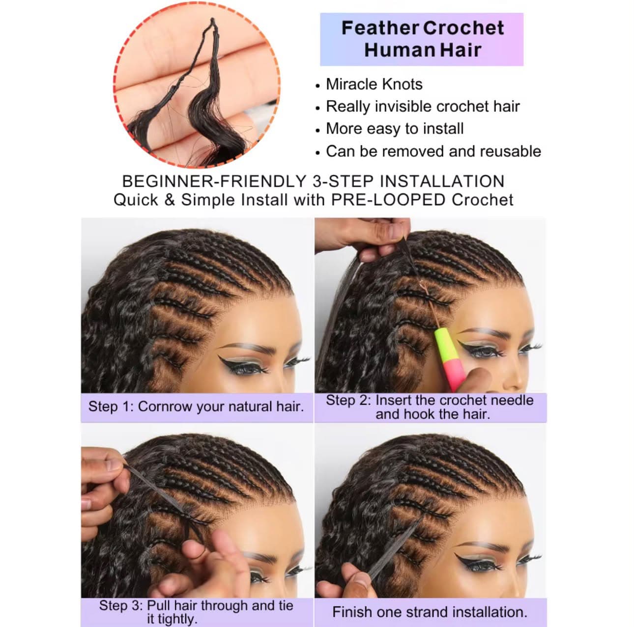 Four-step visual installation guide for pre-looped feather crochet hair