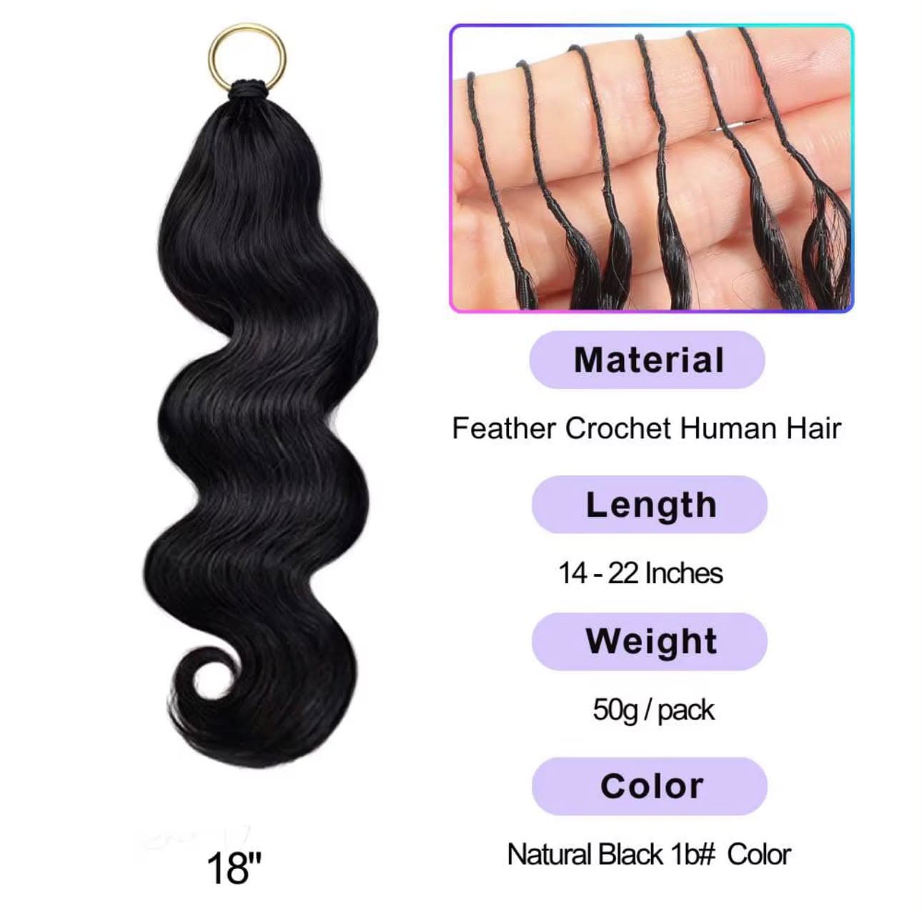 Feather crochet hair product specifications including material, length, weight and colour